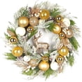 thumbnail image 1 of 24 inch Pre-Lit Gold Christmas Wreath for Front Door Outdoor, Decorated with Ornaments, Deer Figurine, Flocked Artificial Green Pine Branches, White LED Lights, 1 of 9