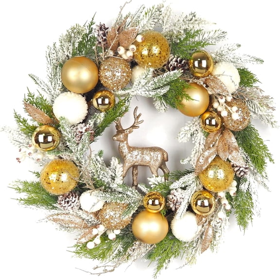 24 inch Pre-Lit Gold Christmas Wreath for Front Door Outdoor, Decorated with Ornaments, Deer Figurine, Flocked Artificial Green Pine Branches, White LED Lights