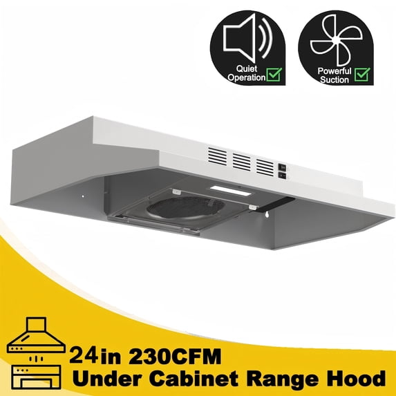 24 inch Range Hood Under Cabinet, Stainless Steel Kitchen Hood 280CFM, Ducted/Ductless Vent Hood with Rocker Button Control, Stove Hood with 2 Speeds Fan, Bright LED Light, black, silver, white