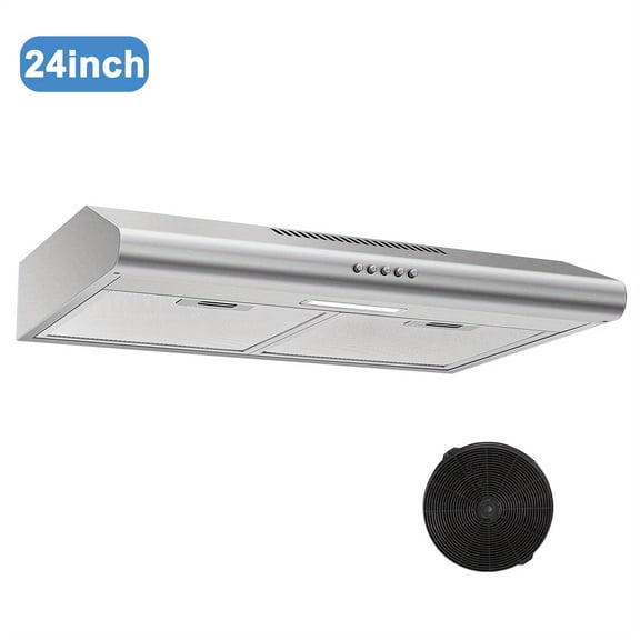 24 inch Range Hood Under Cabinet Stainless Steel Range Hood 280 CFM Slim Kitchen Stove Hood w/ Push Button Ducted/Ductless Convertible, 3 Speeds Exhaust Fan, LED Light and Carbon Filter Tieasy hood