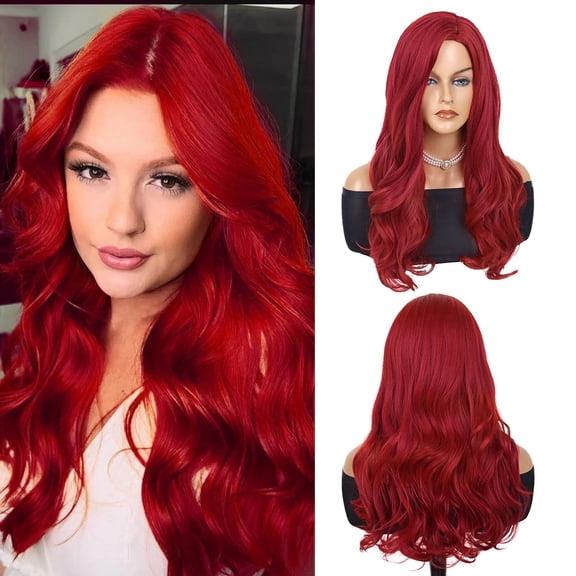 24 inch Red Wigs for Women Long Wavy Wig Middle Part Curly Wig in Synthetic Hair