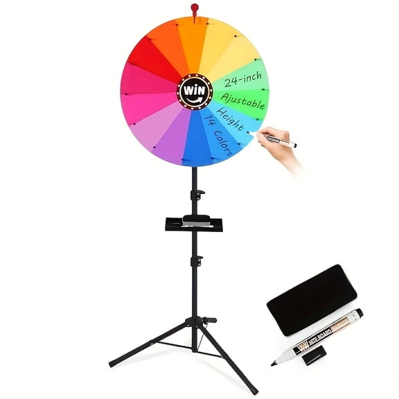 24-inch Rotating Prize Wheel, Adjustable Height Lucky Spin Wheel with Dry Erase Board & Marker, Colorful Carnival Fortune Wheel for Parties, Trade Shows, Classroom Games & Events