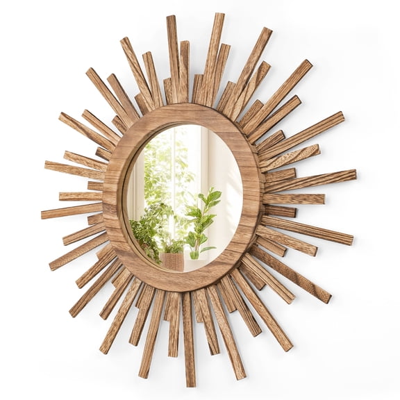24 inch Rustic Wood Mirror Sunburst Boho Mirror for Entryway Bedroom Living Room Bathroom, Carbonized Black