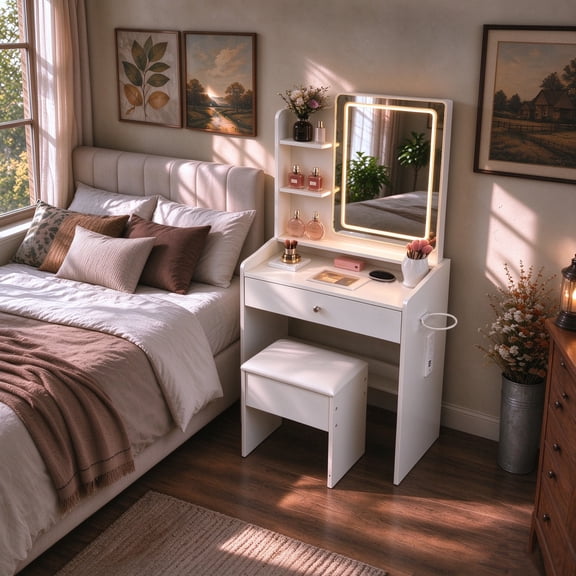 24 inch Small Makeup Vanity Table with LED Mirror, Stool and Storage Drawers for Bedroom, Dorm and Small Spaces