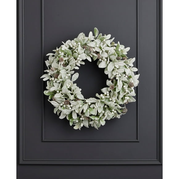 24 inch Snowy Lambs Ear and White Holly Berry Wreath, Christmas Home Décor, Artificial Floral indoor Decoration, Front Door Display - by Seasonal LLC