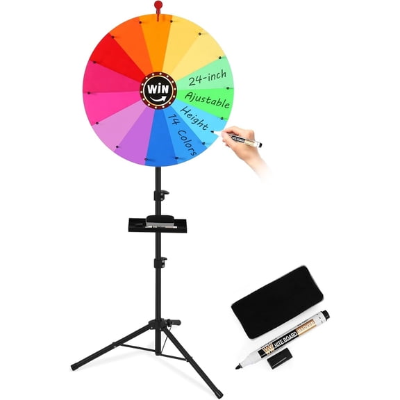24-inch Spinning Prize Wheel, Ajustable 39"-63" Height Spin Doodle Game Spinner, Storable Prize Wheel Spinner with Stand, Wheel of Fortune Game, 14 Colors