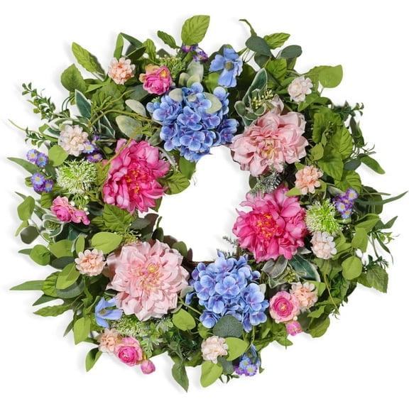24 inch Spring Summer Wreath for Front Door, Artificial Floral Wreaths with Green Leaves Daisy Peony Hydrangea Eucalyptus for Porch Patio Garden Wall Decor,Indoor Outdoor Party Holiday Decoration