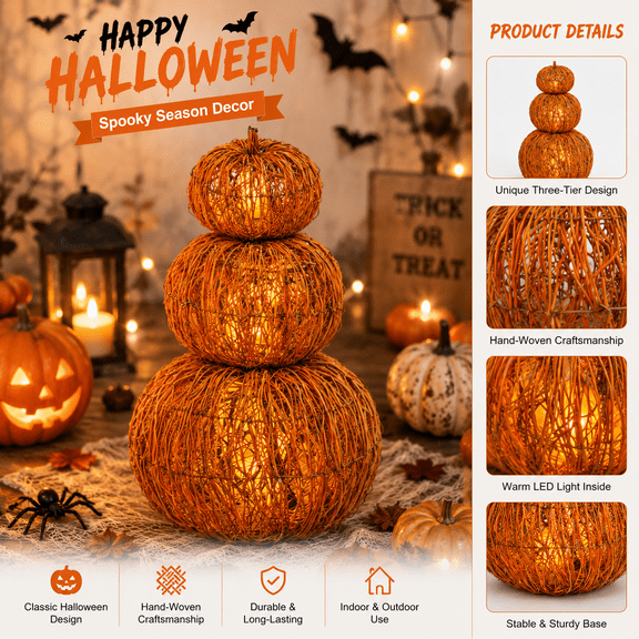 24 inch Stackable Woven Pumpkin Decor Set, 3-Piece Detachable Rattan Pumpkins, Handmade Fall Harvest Decorative for Halloween Thanksgiving Home Entryway Decor Warm Orange 3 Piece Set