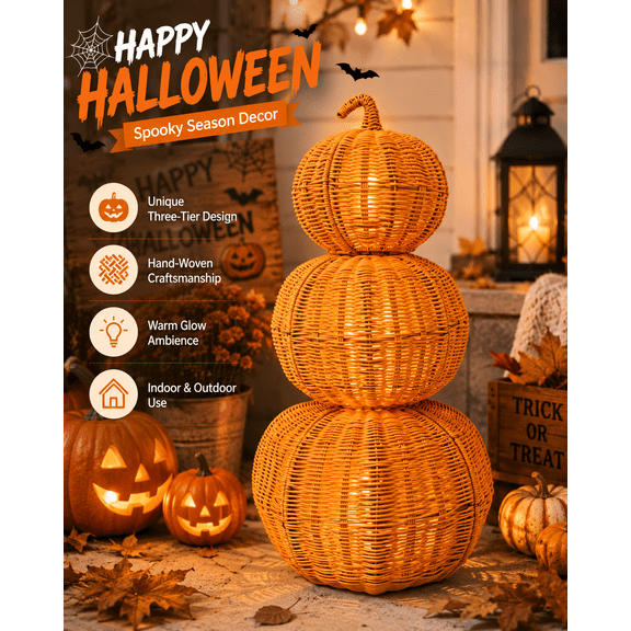 24 inch Stacked Wicker Pumpkin Decor, 3-Tiered Detachable Handwoven Pumpkin Stack, Rustic Orange Rattan Pumpkin for Fall, Table Centerpiece Halloween & Thanksgiving Home Decor
