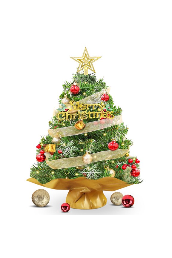 24 inch Tabletop Christmas Tree with LED String Lights/Red Berries Pine Cones, Pre-Lit Mini Christmas Tree w/ 30 DIY Ornaments, 2ft Small Artificial Xmas Tree for Holiday Indoor Christmas Decoration