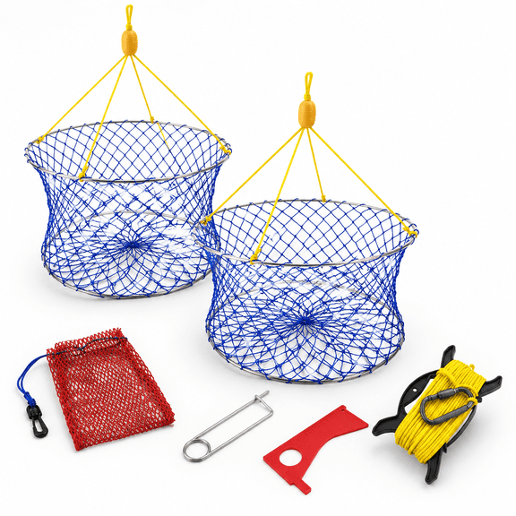 24-inch Two-Ring Stainless Steel Crab Fishing Net Kit with 100ft Rope