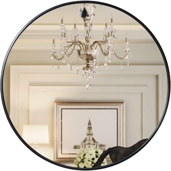 24 inch Wall Round Mirror, Large Wall Mounted Circle Mirror Black Metal Frame for Bathroom, Entry, Dining Room, & Living Room
