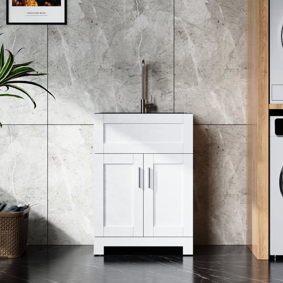 24-inch White Eco-friendly Cabinet with Thick Stainless Steel Sink - Perfect for Laundry, Drop Resistant