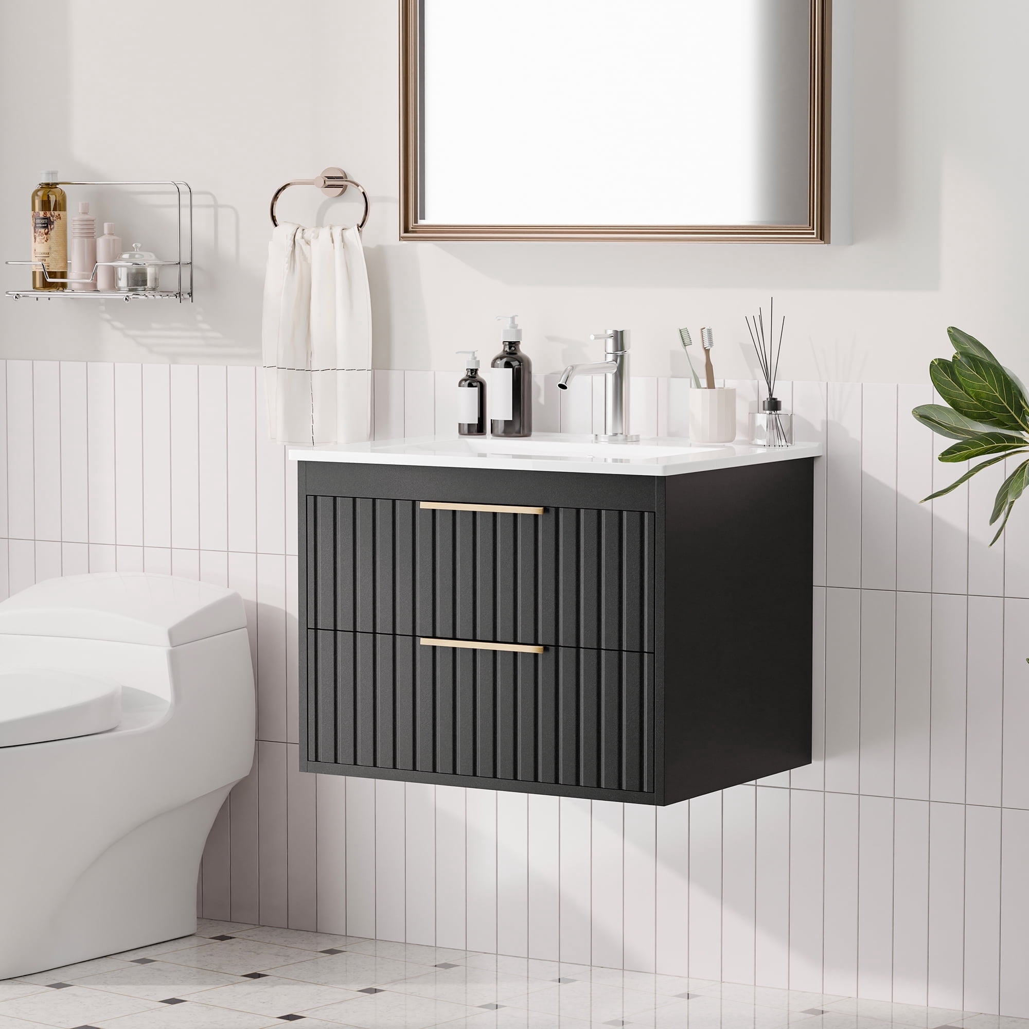 Joywind 24" Black Floating Bathroom Vanity with Sink Combo – Modern Wall-Mounted Vanity with 2 Large Drawers & Metal Handles for Maximum Storage