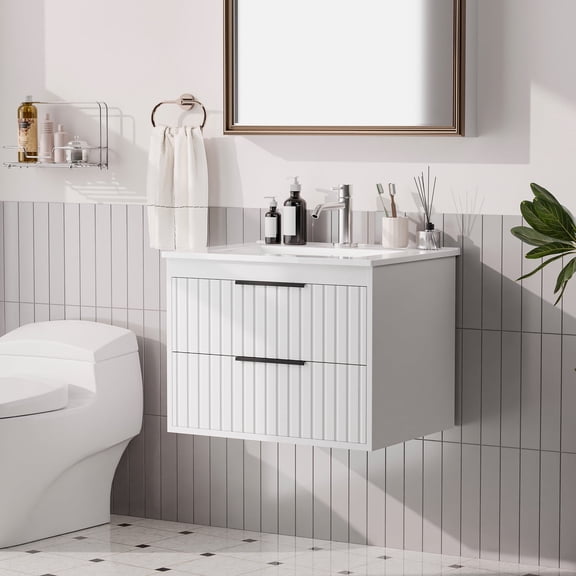 Joywind 24" White Floating Bathroom Vanity with Sink Combo – Modern Wall-Mounted Vanity with 2 Large Drawers & Metal Handles for Maximum Storage