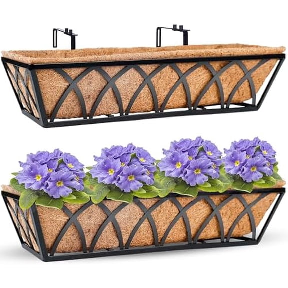 24 inch Window Deck Rail Planter Including Coco Liner, 24" Dia Window Box Horse Trough with Coconut Coir Liners, Black Metal Hanging Flower Planter Basket for Indoor Outdoor Lawn - Set of 2