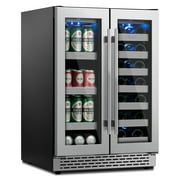 24 inch Wine and Beverage Refrigerator, 20 Bottle & 88 Cans Dual Zone Built-in Under Counter Wine Cooler Freestanding Beverage Fridge with Upgrade Compressor Tempered Glass Door Lock, Small Chiller