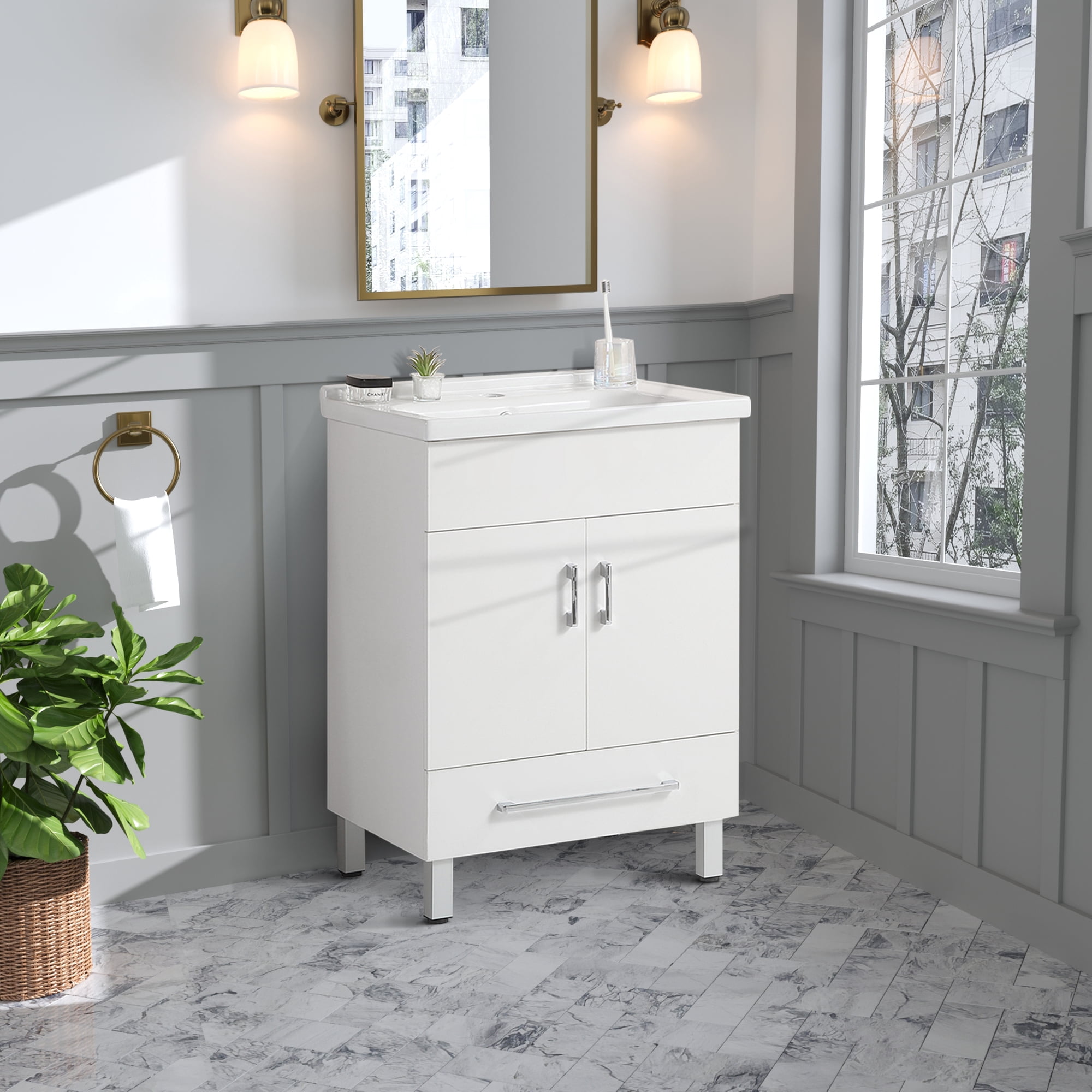 24-inch double doors with drawers White bathroom cabinet with ceramic ...