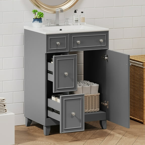 24-inch gray bathroom vanity with ceramic sink, 2 drawers and 1 soft-close door, sturdy and stable with ample storage space