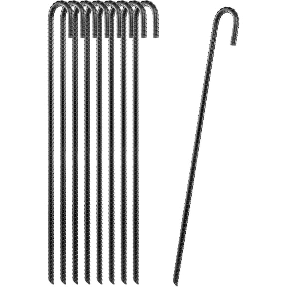 24 inches Set of 8 Ground Rebar Stakes Heavy Duty J Hook Ground Anchors, Curved Steel Plant Support Garden Stake with Chisel Point end, Hammer Through Hard Soil for Camping Tent - Black Powder Coated