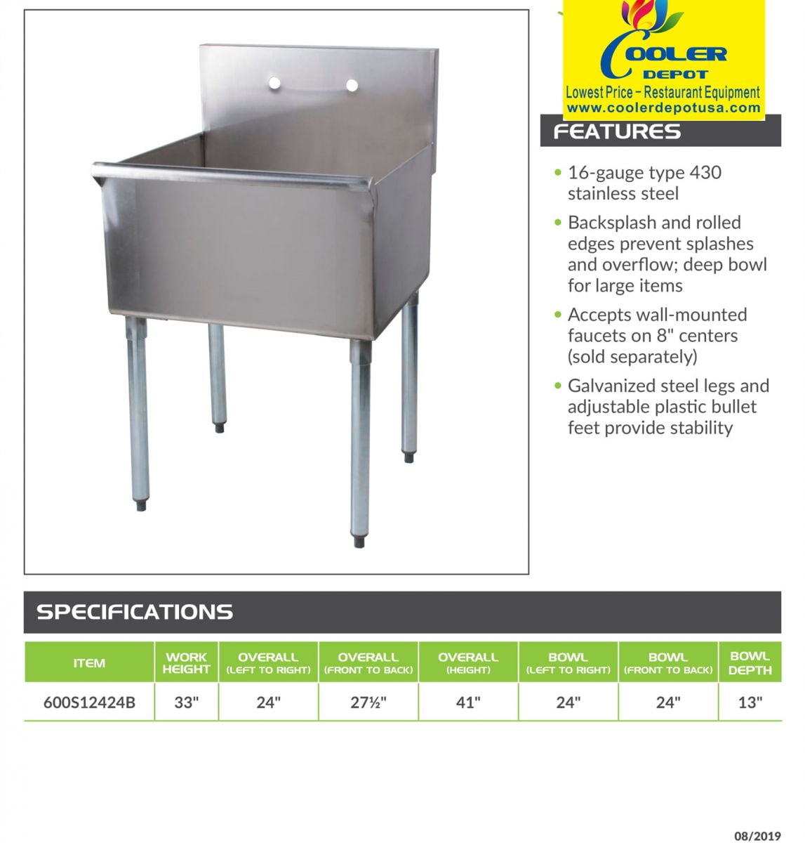 24-Inch Brushed Stainless Steel Freestanding Commercial Sink