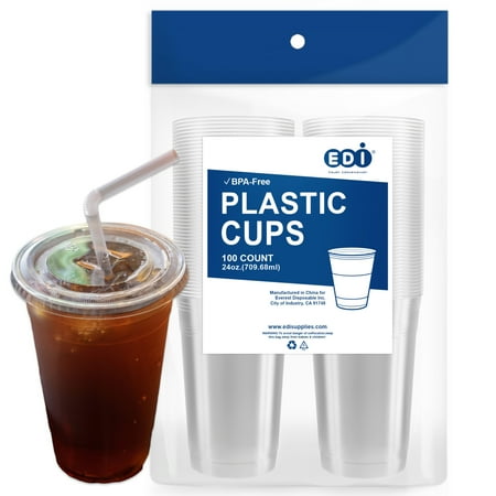 [24 oz. - 100 Sets] EDI Crystal Clear Disposable PET Plastic Cups with Flat Lids and Straws