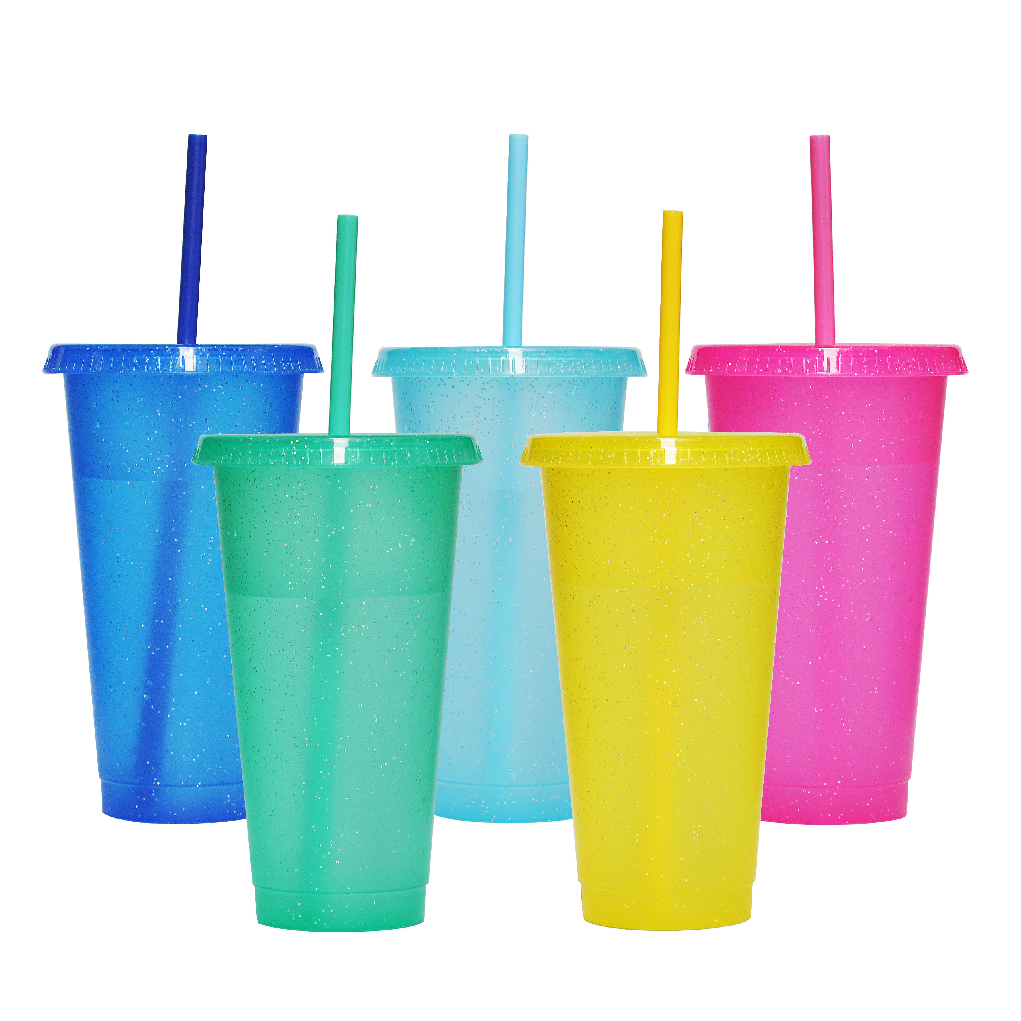 24 oz 5Pack Glitter Cups with Lids and Straws, Reusable Plastic Cups