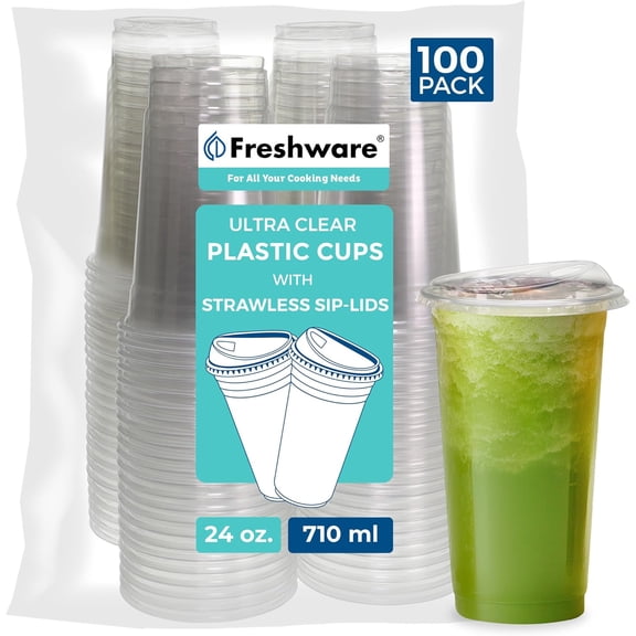24 oz Clear Disposable Plastic Cups with Strawless Sip Lids, 100 Pack Tumblers, Heavy-duty Party Glasses, for Thanksgiving, Halloween, Christmas