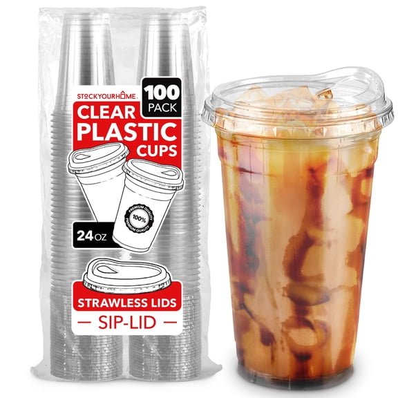 24 oz Clear Plastic Cups with Lids Disposable, 100 Count Togo Drinking Cup with Strawless Sip Lid for Smoothie, Cold Brew Iced Coffee, Lemonade, Ice Latte, Boba, Party Drinks, Bulk, 24 Ounce
