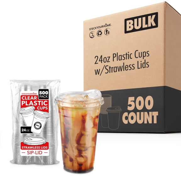24 oz Clear Plastic Cups with Lids Disposable, Togo Drinking Cup with Strawless Sip Lid for Smoothie, Cold Brew Iced Coffee, Lemonade, Ice Latte, Boba, Party Drinks, Bulk, 24 Ounce (Set of 500)