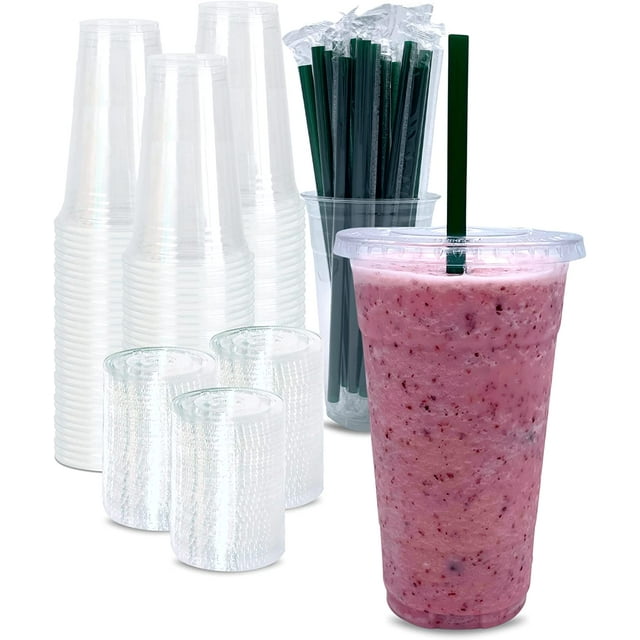 24 oz Clear Plastic Cups with Lids and STRAWS, Disposable Iced Coffee