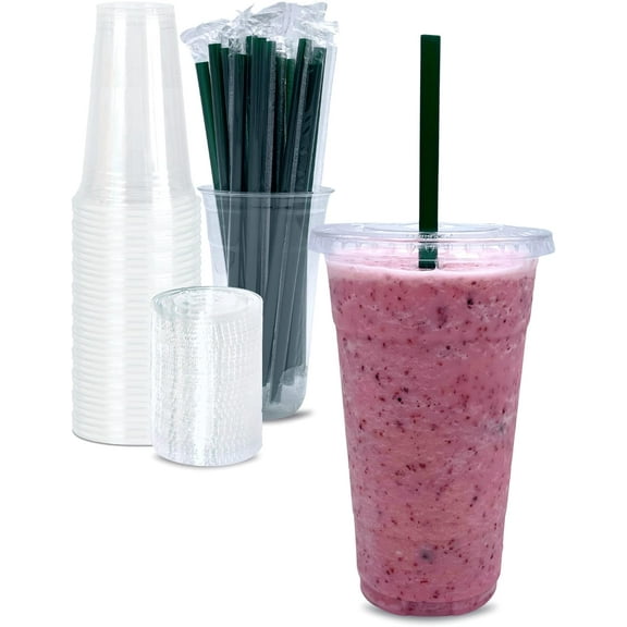 24 oz Clear Plastic Cups with Lids and STRAWS, Disposable Drinking Cups for Cold Drinks, Iced Coffee, Milkshakes, Smoothies, 25 Sets