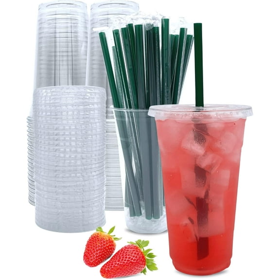 24 oz Clear Plastic Cups with Lids and Straws, Disposable Coffee Cups 25 Sets