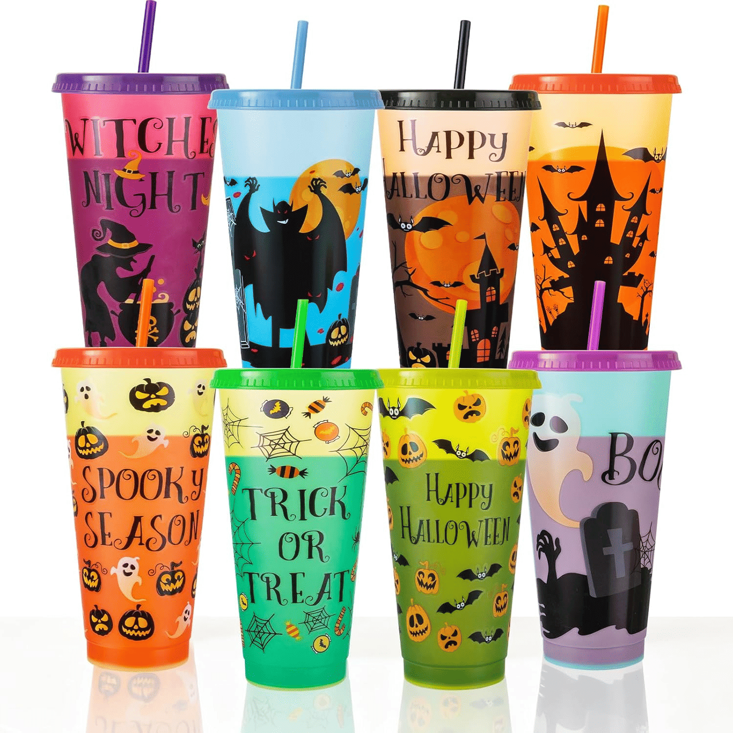 24 oz Color Changing Halloween Cups Set of 8 with Spooky Designs