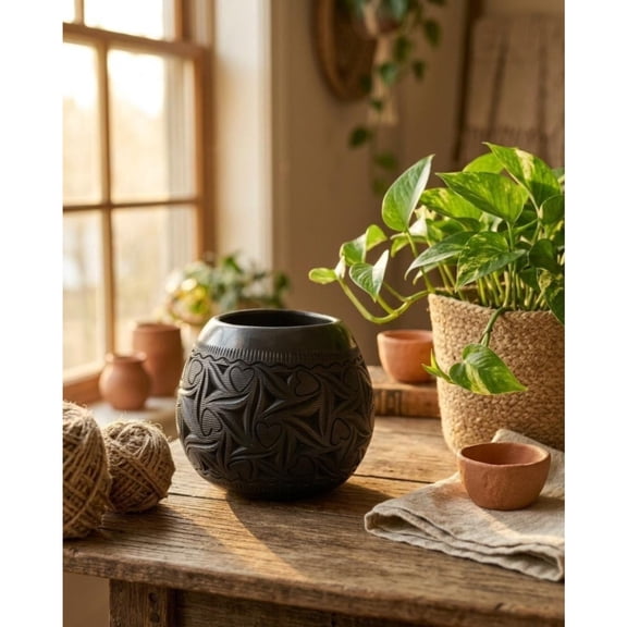 24 oz Handmade Mug, Carved Black Clay Coffee Cup, Coffee Cup Use for Kitchen Dining Office