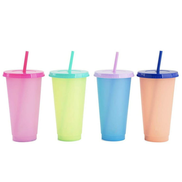 24 oz Kids Tumbler Set, 4 Pack – Plastic Kids Cups with Straws and Lids –  Dishwasher Safe, BPA Free – An Ideal Kids Smoothie Cup – Color Changing Cups,  4 Fun Designs 