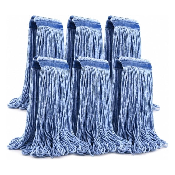 24 oz Loop-End Cotton String Mop Head, Heavy Duty String Mop Refills, 6 Inch Headband, Mop Head Replacement for Home, Industrial and Use (blue-6pc)