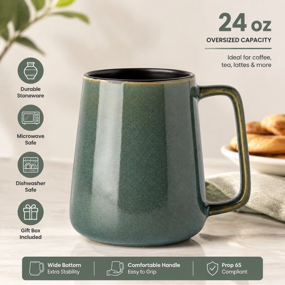 24 oz Oversized Heavyweight Ceramic Coffee Mug, Extra Large Reactive Glaze Cup, Wide Bottom, Microwave & Dishwasher Safe, Perfect for Coffee Lovers & Gifts, Green