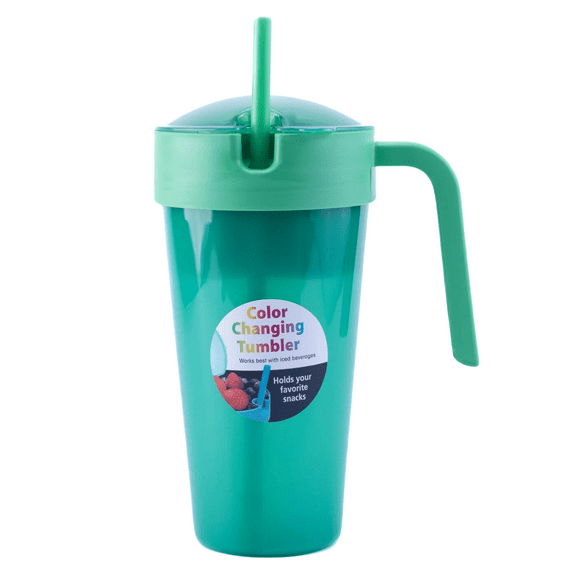24 oz Plastic Snack Tumbler with Straw, Green, Color Changing, Includes Compartment with Lid
