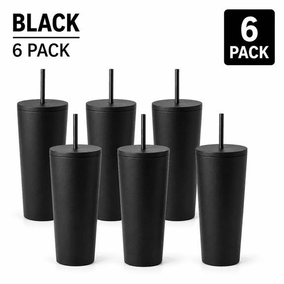 24 oz Stainless Steel Tapered Tumblers with Lids and Straws, 6 Pack Insulated Travel Cups, Fits Cup Holders, Matte Finish, Assorted Colors