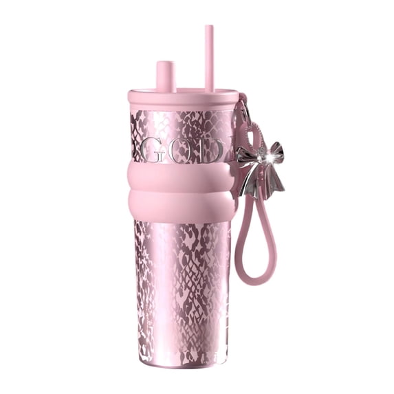 24 oz Stainless Steel Tumbler with Lid & Straw - Insulated Leak-Proof Travel Mug, Aesthetic Embossed Coffee Cup, Professional Easter Holiday Gift for Women, Hot & Cold(Pink)