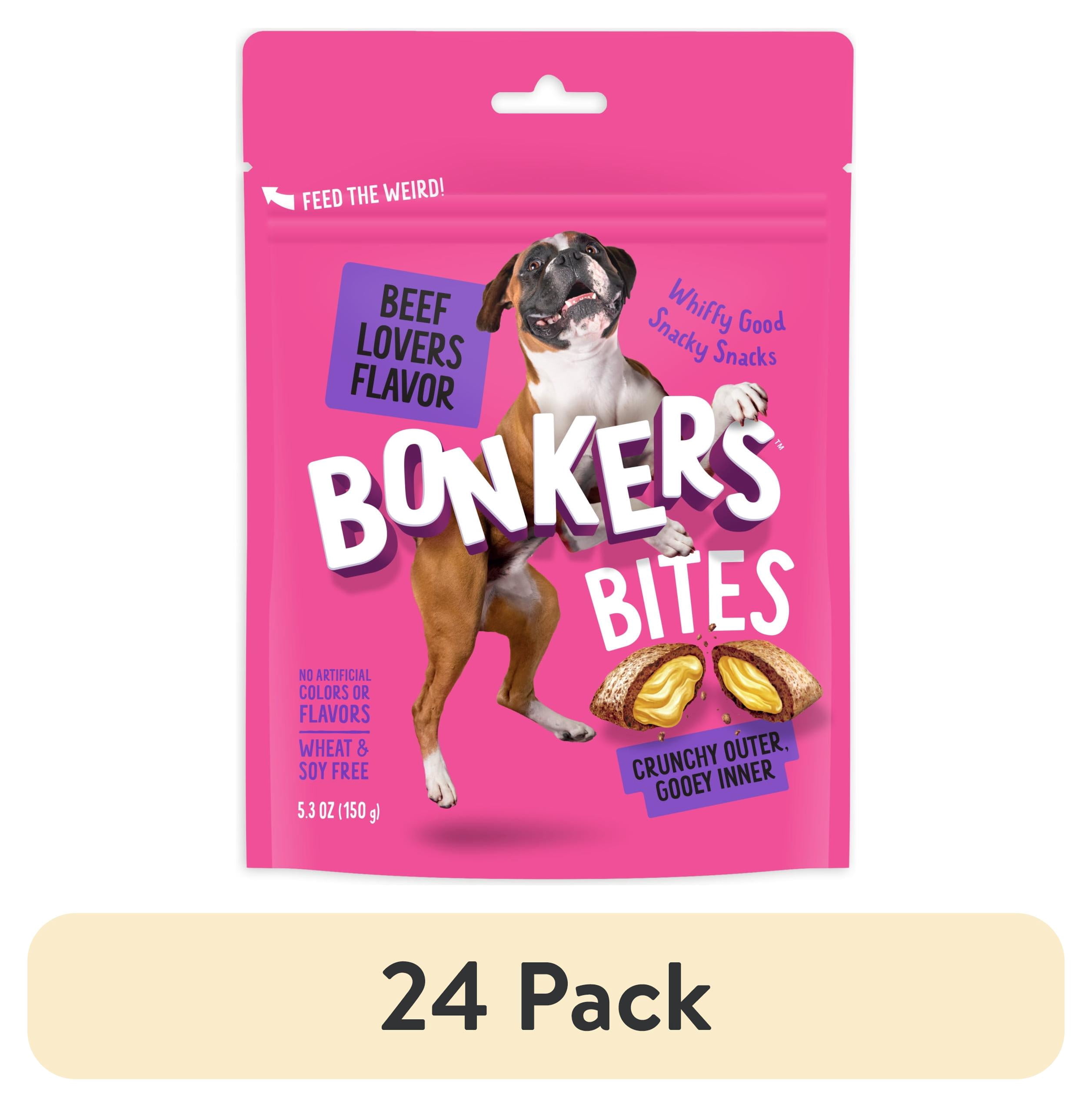 (24 pack) BONKERS Bites Beef Lovers Flavor Crunchy & Soft Treats for Dogs, 5.3oz Bag