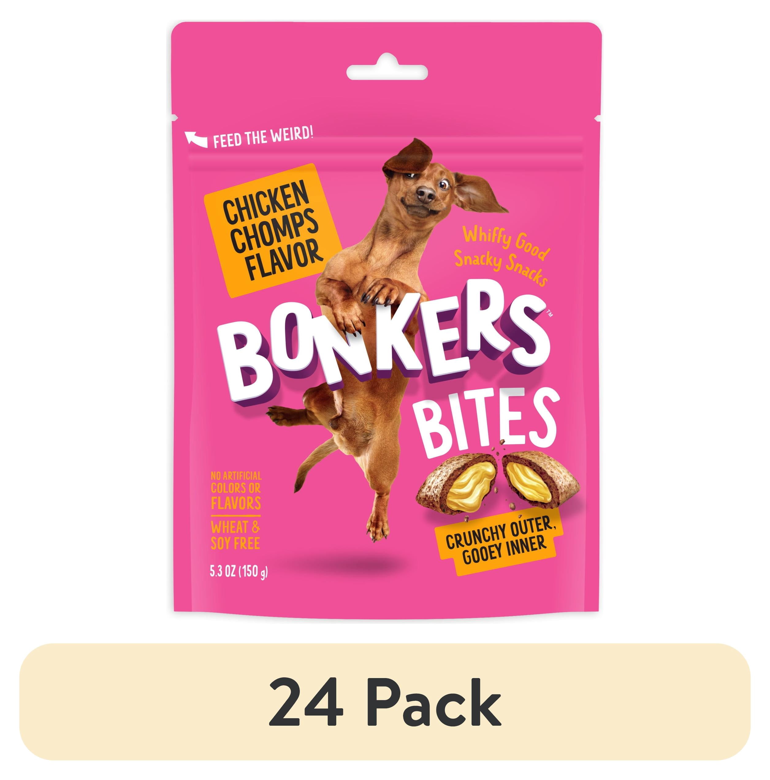 (24 pack) BONKERS Bites Chicken Chomps Flavor Crunchy & Soft Treats for Dogs, 5.3oz Bag