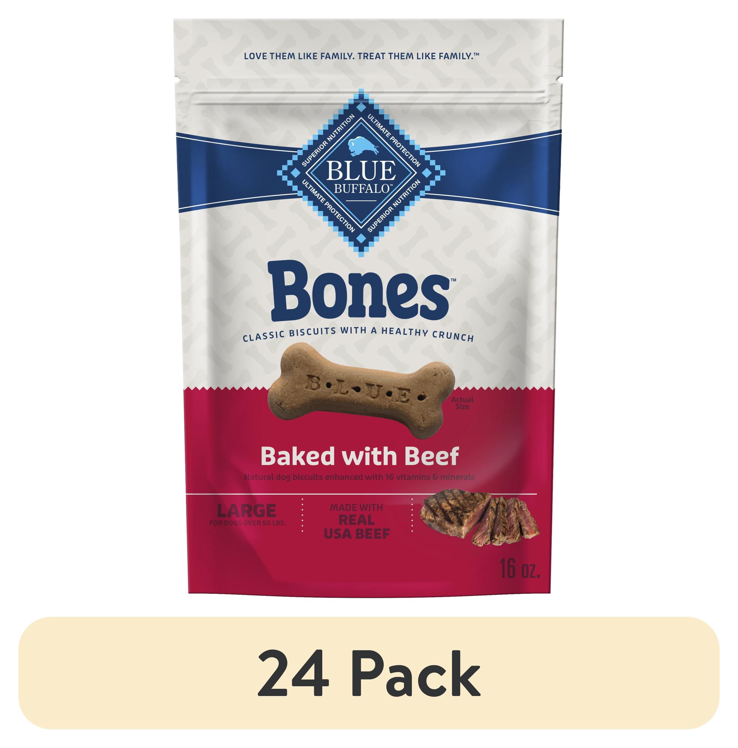 (24 pack) Blue Buffalo Bones Natural Crunchy Dog Treats, Large Dog Biscuits, Beef 16-oz
