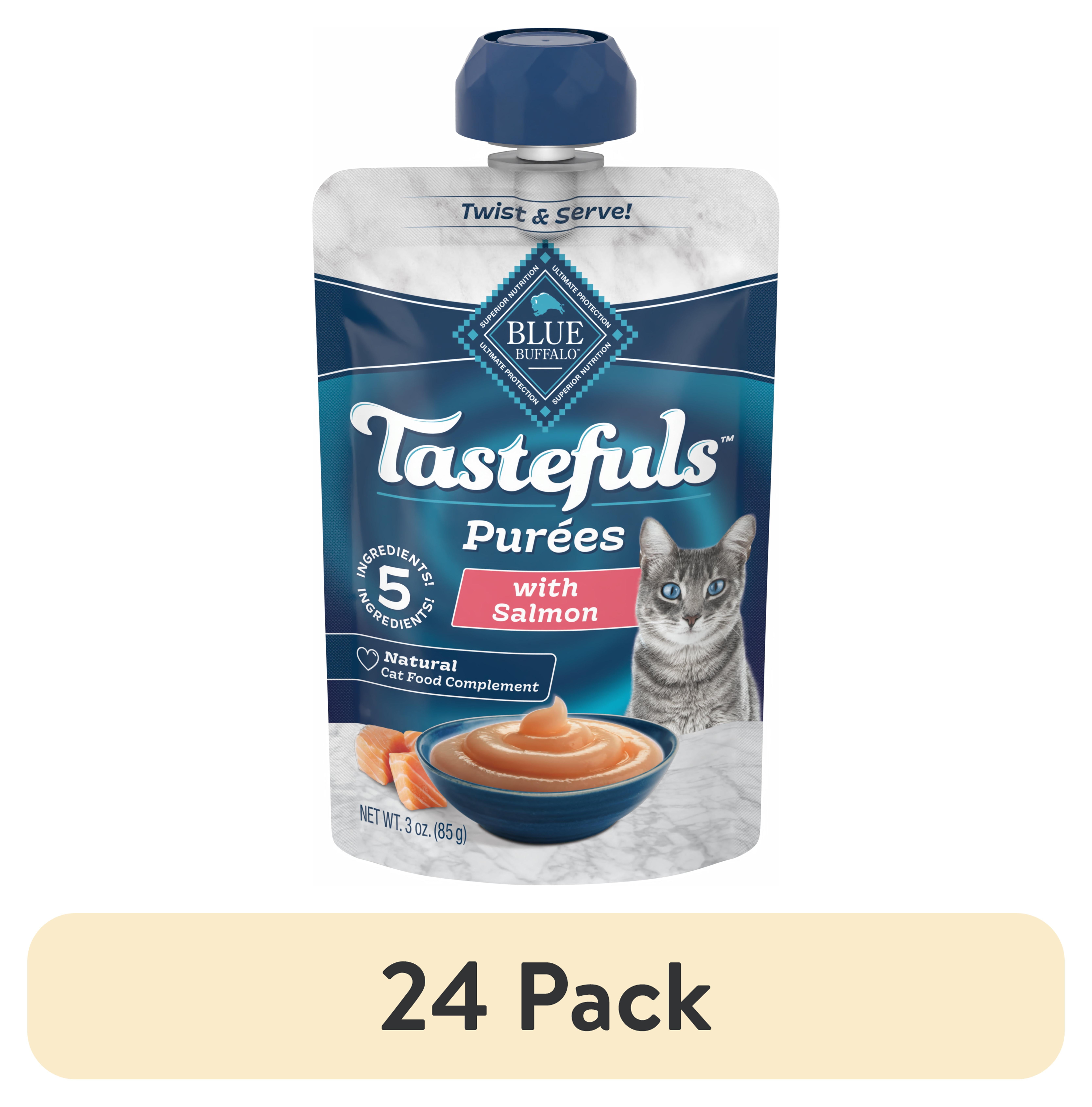 (24 pack) Blue Buffalo Tastefuls Adult Cat Natural Purees, Salmon 3-oz Resealable Twist Cap Pouch