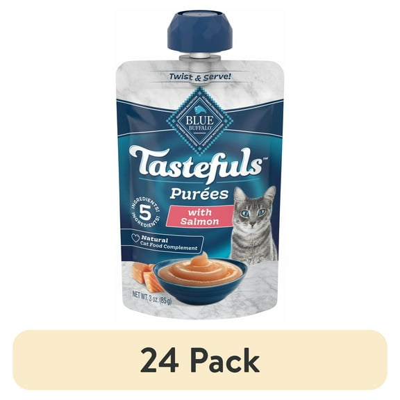 (24 pack) Blue Buffalo Tastefuls Adult Cat Natural Purees, Salmon 3-oz Resealable Twist Cap Pouch