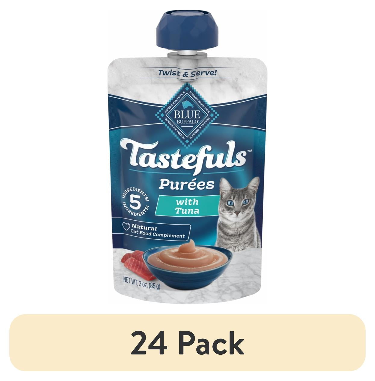 (24 pack) Blue Buffalo Tastefuls Adult Cat Natural Purées, Tuna 3-oz Resealable Twist Cap Pouch