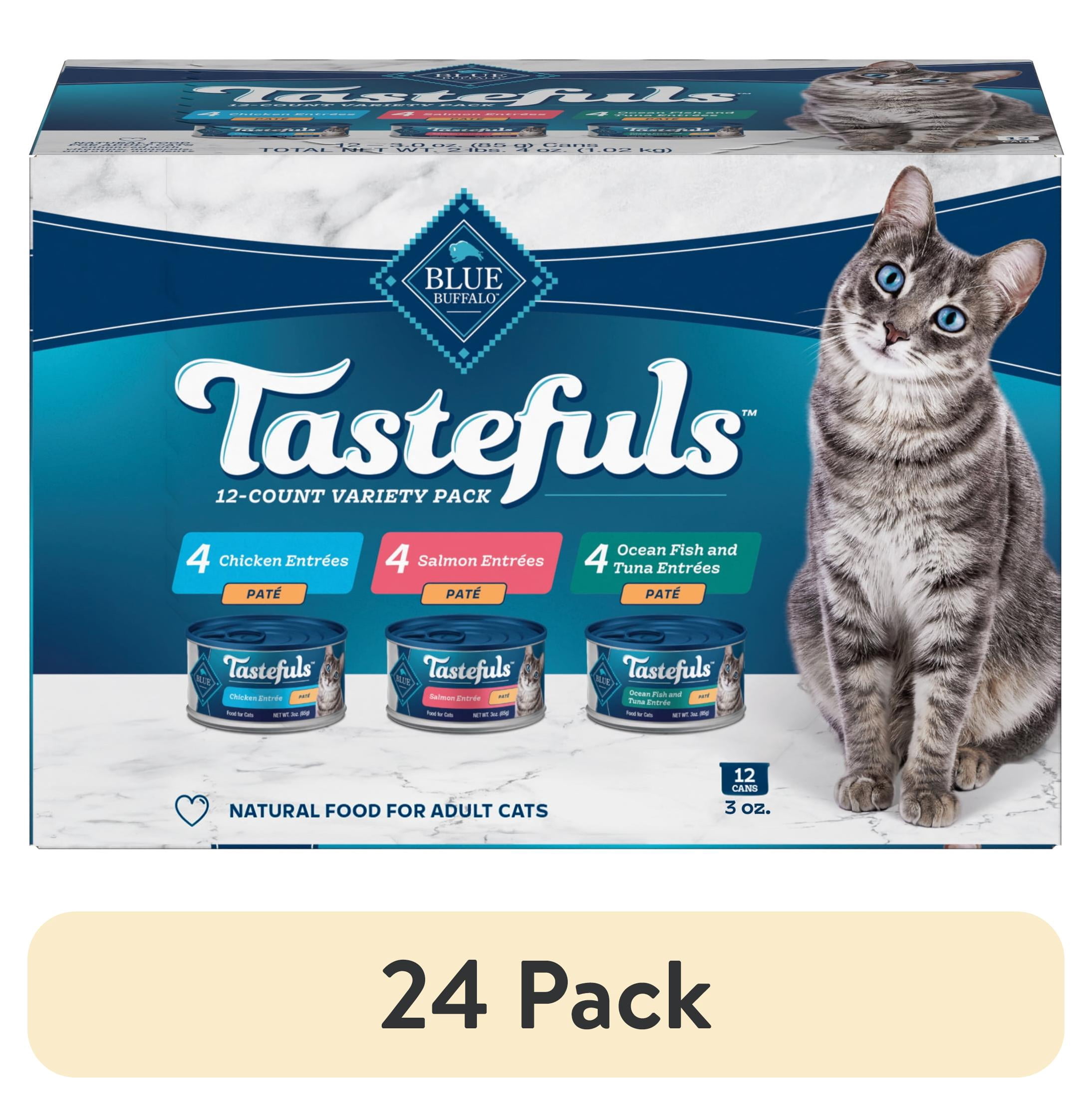 (24 pack) Blue Buffalo Tastefuls Natural Pate Wet Cat Food Variety Pack, Salmon, Chicken, Ocean Fish & Tuna Entrées 3-oz Cans (12 Count - 4 of Each Flavor)