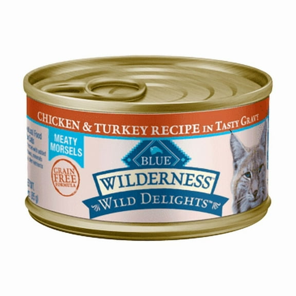 (24 pack) Blue Buffalo Wilderness Wild Delights Meaty Morsels Wet Cat Food, High-Protein & Grain-Free, Made with Natural Ingredients, Chicken & Turkey Recipe in Tasty Gravy, 3-oz. Can
