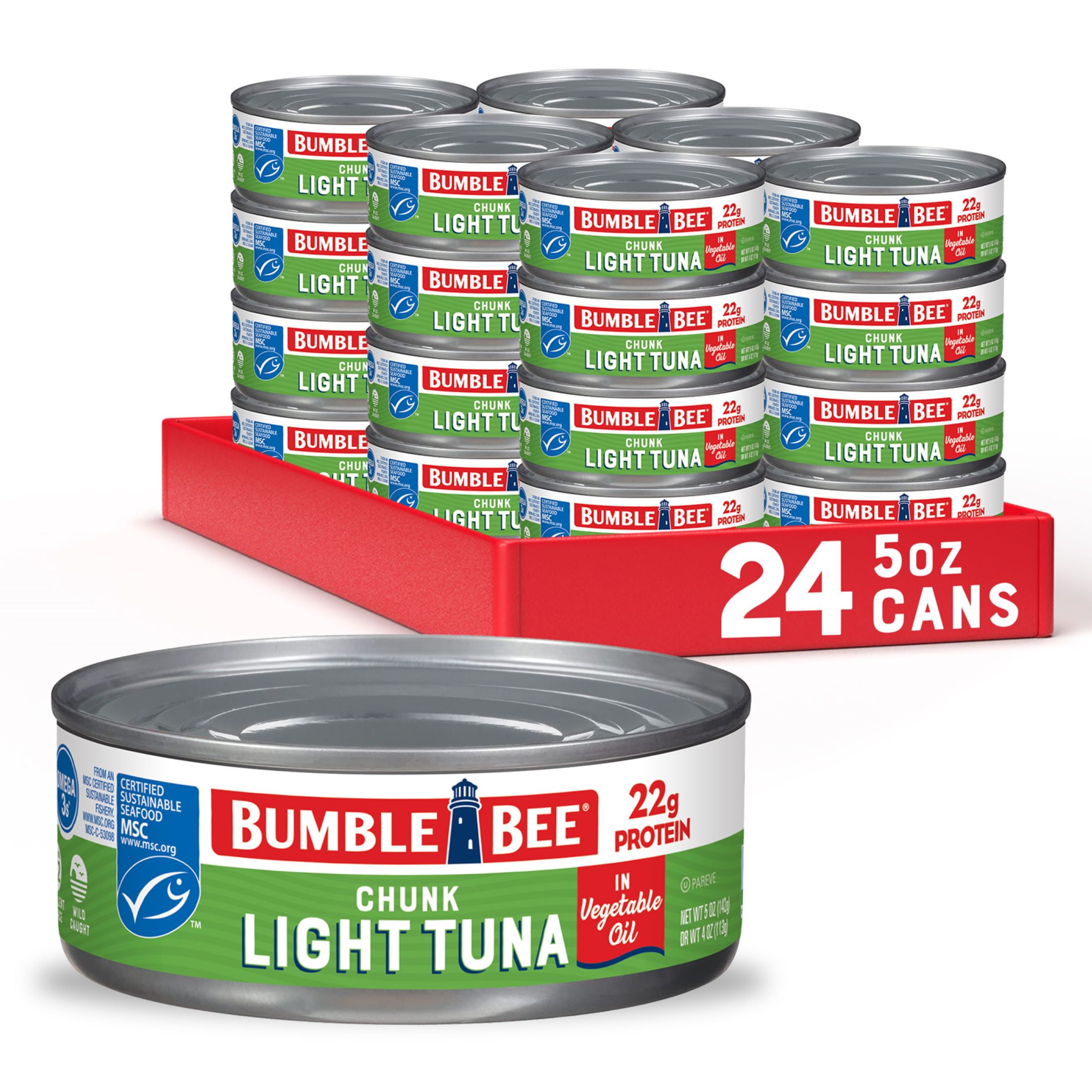 (24 pack) Bumble Bee Chunk Light Tuna in Vegetable Oil, Wild Caught Skipjack Tuna, Gluten Free, 22g Protein Per Serving, Non-GMO, Shelf Stable Can, 5 oz